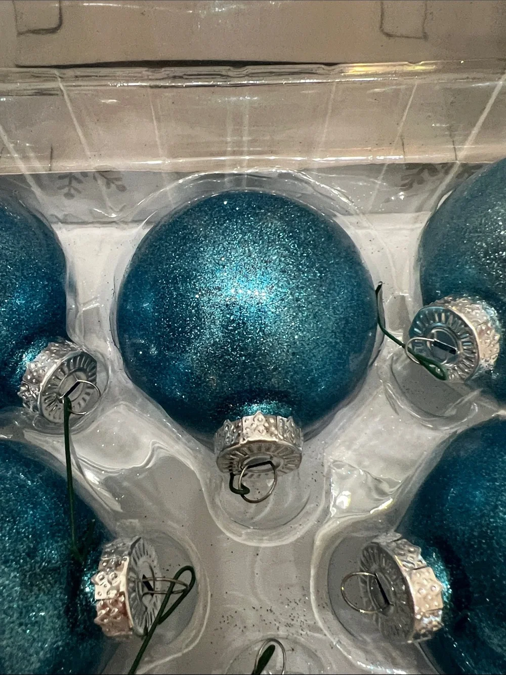 Set of 8 Glitter Teal Blue Holiday Ornament Shatter Proof 2”5/8 Vibrant